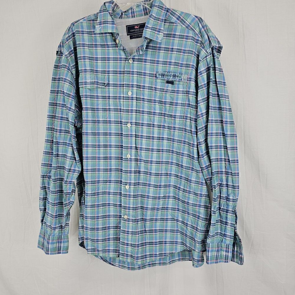 Vineyard Vines Harbor Shirt Blue Green Plaid Men's Size XL Button Down Vented